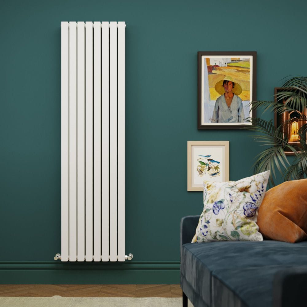 Milano Capri white flat panel vertical designer radiator Milano Capri white flat panel vertical designer radiator on green wall with artwork and nearby orange sofa