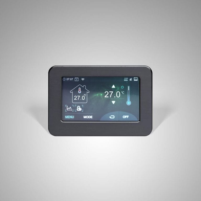 Milano Connect wifi touchscreen thermostat for electric heating on plain grey background