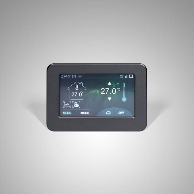 Milano Connect wifi touchscreen thermostat for electric heating on plain white background