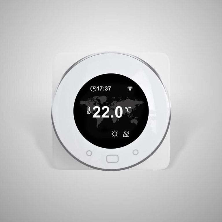 Milano Connect white wifi thermostat for electric heating on plain white background