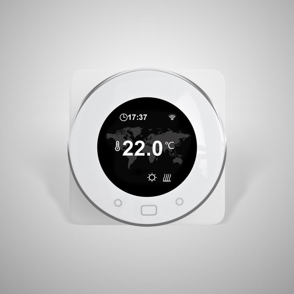 Milano Connect white wifi thermostat for electric heating on plain white background