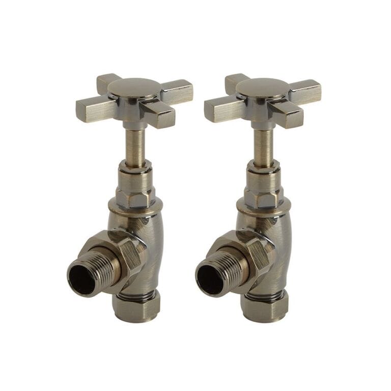 Milano brushed bronze traditional angled radiator valves on plain white background