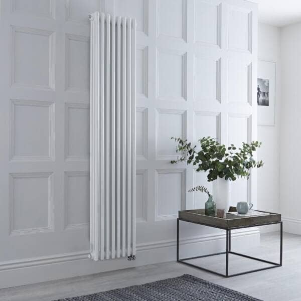 Milano Windsor White Traditional Vertical Electric Triple Column Radiator on white wall background