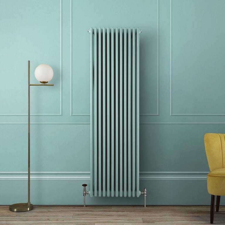 Milano Windsor spearmint blue traditional triple column radiator on spearmint blue wall background