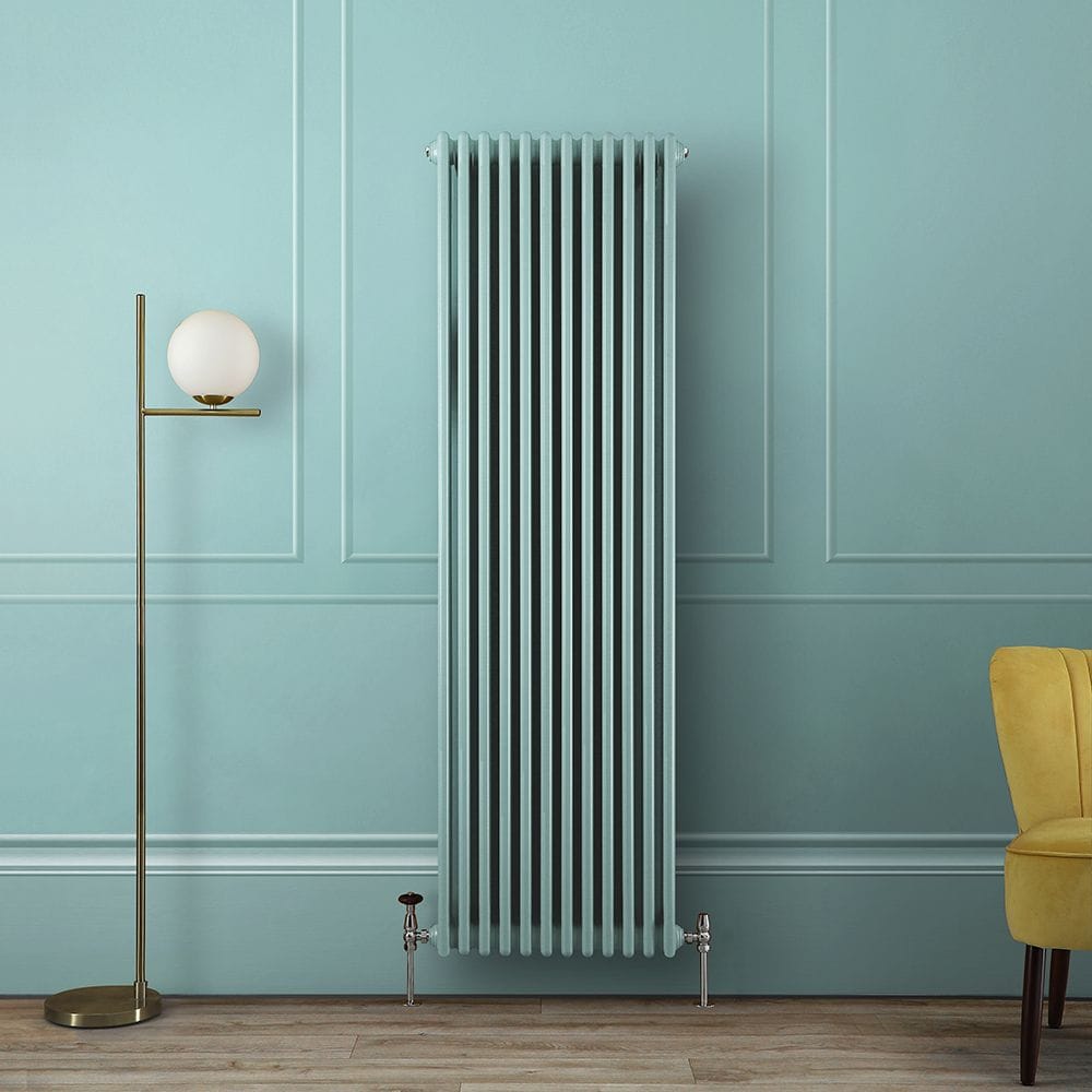 Milano Windsor spearmint blue traditional triple column radiator on spearmint blue wall background