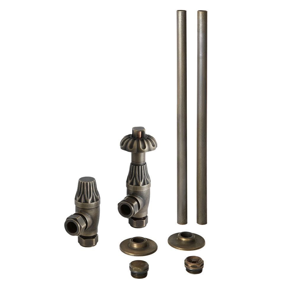 Milano Windsor - Thermostatic Antique Style Angled Radiator Valve and Pipe Set - Bronze cut out