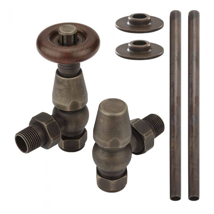 Milano Windsor - Traditional Thermostatic Angled Radiator Valve and Pipe Set Aged Bronze