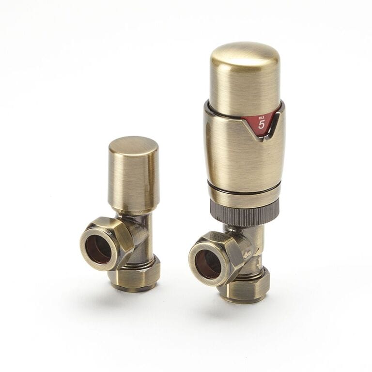 Milano brushed gold thermostatic angled radiator valve and lockshield