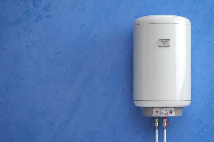 Central heating boiler system White central heating boiler system with dial and digital display on blue background