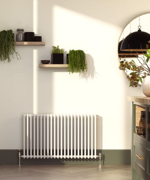 traditional white radiator in kitchen area