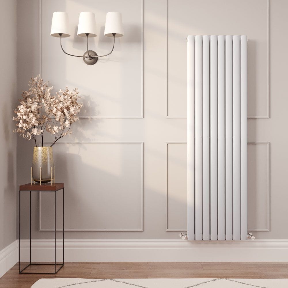 Vertical white Milano Aruba radiator white vertical milano aruba designer radiator in a hallway