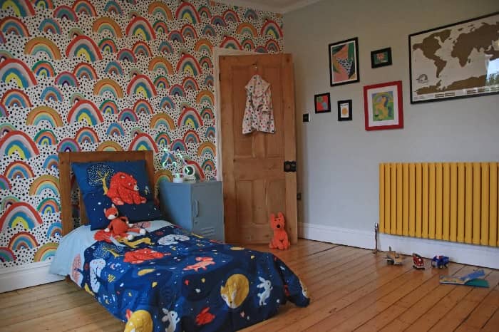 rsz_fresh_start_living_-_colourful_rainbow_childrens_bedroom_5 yellow radiator in a children's bedroom